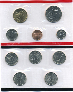 США два набора в одном 2002 два официальных набора в целлофановой запайке, буква D, годовой набор и пять квотеров, штат Миссисипи, Луизиана, Огайо, Теннеси, Индиана, в конверте с сертификатом, Денвер  медь плакированная медно-никелем UNC 7-5-6-31