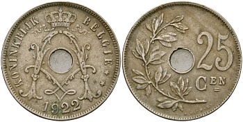 Бельгия 25 сантимов 1922 BELGI? KM 69 медно-никель 4132-233