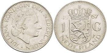 Нидерланды 1 гульден 1967 Юлиана (1948-1980) KM 184а никель 213-946