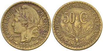 Французский Камерун 50 сантимов 1924 (а), монетный двор Париж KM 1 алюминиевая бронза 72-1641