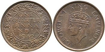 Британская Индия 1/4 анна 1942 Георг VI (1937-1952) KM 531 бронза aUNC 93-324