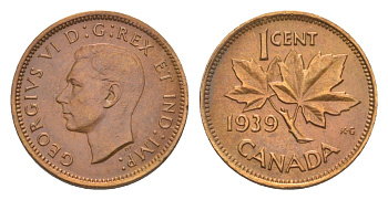 Канада 1 цент 1939 Георг VI (1936-1952), кленовый лист KM 32 бронза 4639-253