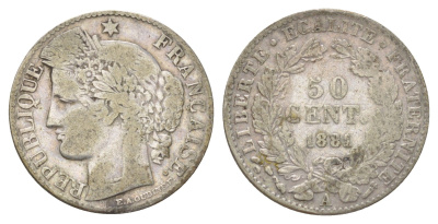 Франция 50 сантимов 1881 A KM 834 серебро 4623-1153