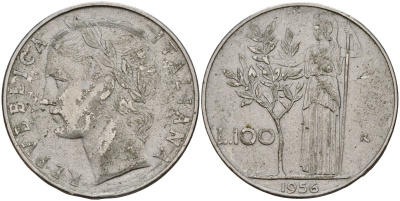 Италия 100 лир 1956 R, Афина у оливкого дерева KM 96.1 нержавеющая сталь 4149-1212
