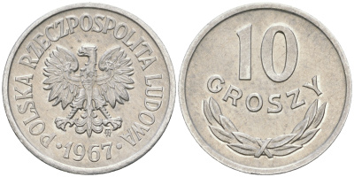 Польша 10 грошей 1967 MW KM AA47, Parchimowicz 206f алюминий UNC 4608-927