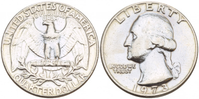 США 25 центов (квотер) 1973 Вашингтон KM 164а медь плакированная медно-никелем 4546-1252