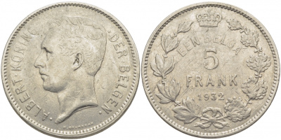 БЕЛЬГИЯ 5 ФРАНКОВ 1932 BELGEN KM 98 никель 114-822