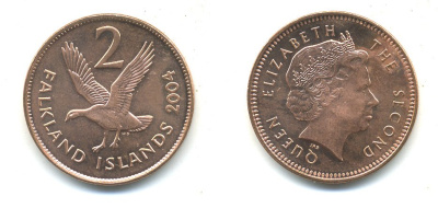 Фолклендские острова 2 пенса 2004 Елизавета II (1952-2022), магелланов гусь KM 131 сталь плакированная бронзой aUNC 540-311