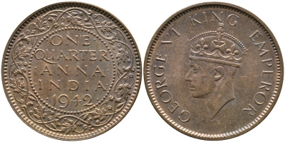 Британская Индия 1/4 анна 1942 Георг VI (1937-1952) KM 531 бронза aUNC 93-324
