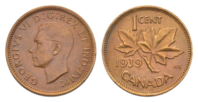 Канада 1 цент 1939 Георг VI (1936-1952), кленовый лист KM 32 бронза 4639-253