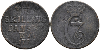 ДАНИЯ 1/2 СКИЛЛИНГА 1771 КМ, КРИСТИАН VII (1766-1808) KM 615 (C46) медь 67-157