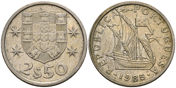 Португалия 2,5 эскудо 1984 парусник KM 590 медно-никель 4608-416