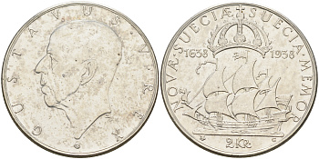 Швеция 2 кроны 1938 G, Густав V (1907-1950), 300 лет шведским поселениям в Делавере KM 807 серебро 4590-1243