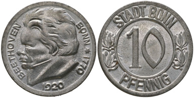 Бонн (Пруссия, Рейн) 10 пфенингов 1920 Funck 51.1A, Men05 3220.1, Men18 4134.1 железо 4163-523