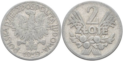 ПОЛЬША 2 ЗЛОТЫХ 1959 MW KM 46 алюминий 4545-813