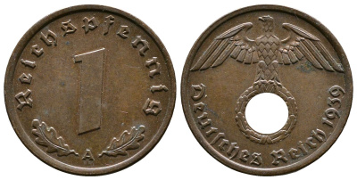 Германия 1 рейхспфенниг 1939 A KM 89, J. 361 бронза    220-343