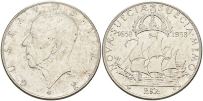 Швеция 2 кроны 1938 G, Густав V (1907-1950), 300 лет шведским поселениям в Делавере KM 807 серебро 4590-1243