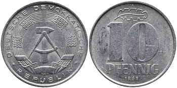 ГДР 10 пфеннигов 1968 А KM 10 алюминий 33-323
