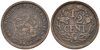 Нидерланды 1/2 цента 1916 Вильгельмина (1890-1948) KM 138 бронза 4576-366