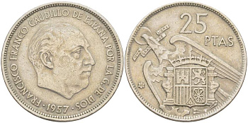 ИСПАНИЯ 25 ПЕСЕТ 1957 (68) ФРАНСИСКО ФРАНКО ДИКТАТОР ИСПАНИИ (1939-1975) KM 787 медно-никель 4521-1031