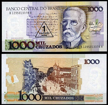 Бразилия 1 крузейро ново 1989 серия B 1295, надпечатка на 1000 крузадо, Мачадо де Ассис Pick 216 b бумага UNC (пресс) 2196-1-3-1