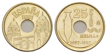 Испания 25 песет 1997 Мелилья (Melilla), Хуан Карлос I (1975-2014) KM 983 алюминиевая бронза UNC 4627-926