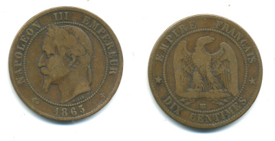 ФРАНЦИЯ 10 САНТИМОВ 1865 ВВ, НАПОЛЕОН III (1852-1870) KM 798.2, LA FRANC 134.15 бронза 84-633