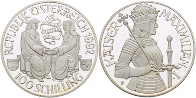 Австрия 100 шиллингов 1992 Максимилиан I KM 3003 серебро PROOF 11-177-14