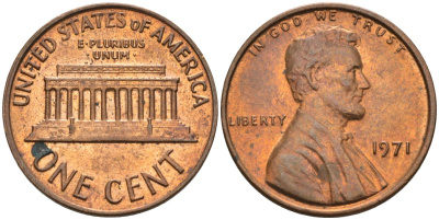 США 1 цент 1971 Линкольн KM 201 медь цинк 4115-866