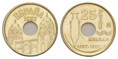 Испания 25 песет 1997 Мелилья (Melilla), Хуан Карлос I (1975-2014) KM 983 алюминиевая бронза UNC 4627-926