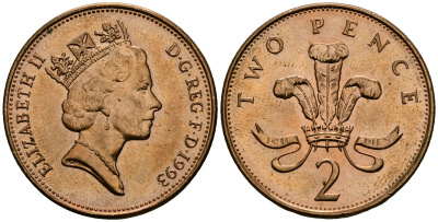 Великобритания 2 пенса 1993 Елизавета II (1952-2022) KM 936a, Spink 4376 (C4) сталь плакированная медью 4607-946