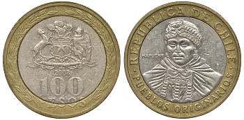 Чили 100 песо 2008 индейцы Мапуче KM 236 биметалл 72-116