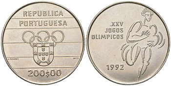 Португалия 200 эскудо 1992 XXV летние Олимпийские Игры, Барселона 1992 KM 662 медно-никель UNC 73-923