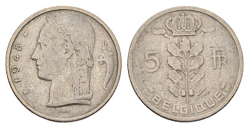 Бельгия 5 франков 1948 Belgique KM 134 медно-никель 210-1026