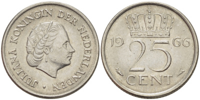 Нидерланды 25 центов 1966 Юлиана (1949-1980) KM 183 никель 66-1164