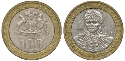 Чили 100 песо 2008 индейцы Мапуче KM 236 биметалл 4681-531