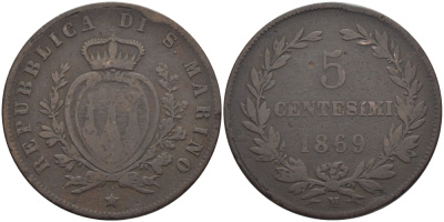 САН-МАРИНО 5 ЧЕНТЕЗИМО 1869 М KM 1 медь 72-312