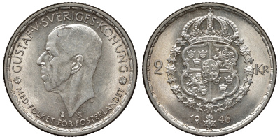 Швеция 2 кроны 1946 TS, Густав V (1907-1950) KM 815 серебро 1531-333