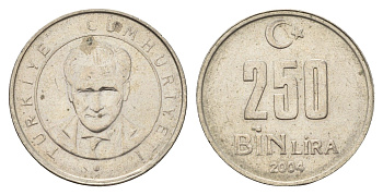 Турция 250000 лир 2004 Кемаль Ататюрк KM 1137 медь цинк никель 4675-221