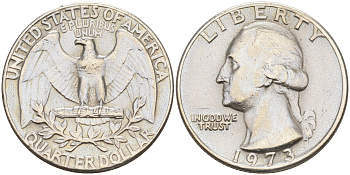 США 25 центов (квотер) 1973 Вашингтон KM 164a медь плакированная медно-никелем 190-316