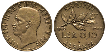 Албания 0,1 лека 1940 R, Итальянская оккупация KM 28 алюминиевая бронза UNC 441-433