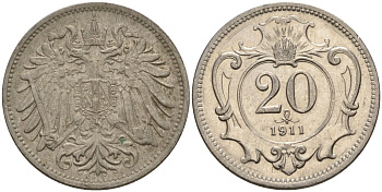 Австрия 20 геллеров 1911 Франц Иосиф (1848-1916) KM 2803 никель 4152-128