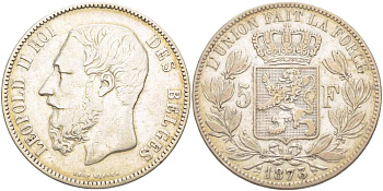 Бельгия 5 франков 1873 Леопольд II (1865-1909) KM 24 серебро 4184-625