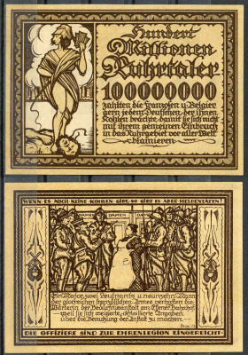 Германия, Рурская область 100000000 рурских талеров 1923 нотгельд пропаганды бумага UNC (пресс) 444-59-1-1