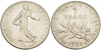 ФРАНЦИЯ 1 ФРАНК 1961 СЕЯТЕЛЬ KM 925.1 никель 4523-157