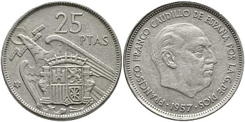 ИСПАНИЯ 25 ПЕСЕТ 1957 (66) ФРАНСИСКО ФРАНКО ДИКТАТОР ИСПАНИИ (1939-1975) KM 787 медно-никель 111-224