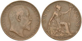 Великобритания 1 пенни 1908 Эдуард VII (1901-1910) KM 794.2, Spink 3990 бронза    4590-1144