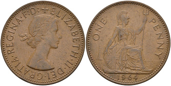 Великобритания 1 пенни 1964 Елизавета II (1952-2022) KM 897, Spink 4157 бронза 4149-822