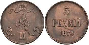 Россия для Финляндии 5 пенни 1875 Александр II KM 4.2, Биткин 663 медь    4161-222