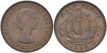 Великобритания 1/2 пенни 1959 Елизавета II (1952-2022) KM 896, Spink 4158 бронза 4592-414